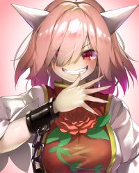 Rule 34 | 1girl, arm up, breasts, chain, commentary request, cuffs, eyes visible through hair, fingernails, flower, furrowed brow, gradient background, grin, hair over one eye, high collar, horns, ibaraki douji&#039;s arm, large breasts, looking at viewer, medium hair, open hand, pink background, pink eyes, pink hair, piyodesu, puffy short sleeves, puffy sleeves, red flower, red rose, rose, shackles, sharp fingernails, sharp teeth, shirt, short sleeves, slit pupils, smile, smirk, solo, spoilers, tabard, teeth, touhou, upper body, white shirt, wild and horned hermit