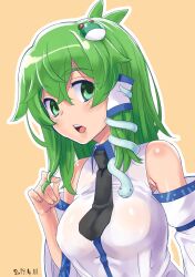 Rule 34 | 1girl, antenna hair, black necktie, blush, breasts, collared shirt, commentary request, dated, detached sleeves, frog hair ornament, green eyes, green hair, hair between eyes, hair ornament, twirling hair, highres, kei jiei, kochiya sanae, large breasts, long hair, looking at viewer, necktie, open mouth, outline, shirt, simple background, single hair tube, single sidelock, sleeveless, sleeveless shirt, snake hair ornament, solo, touhou, upper body, white outline, white shirt, white sleeves, yellow background