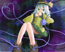 Rule 34 | 1girl, bow, covering own mouth, female focus, green eyes, green hair, hand over mouth, hand over own mouth, hat, hat bow, heart, heart-shaped pupils, heart of string, komeiji koishi, matching hair/eyes, rnkgmn, shoes, skirt, solo, symbol-shaped pupils, third eye, touhou
