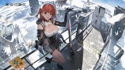 Rule 34 | 1girl, bird, blue eyes, breasts, brown hair, building, cleavage, gun, highres, large breasts, pigeon, railing, rifle, snow, solo, standing, standing on one leg, thigh strap, weapon