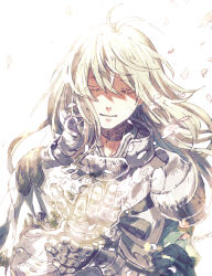 Rule 34 | 1boy, antenna hair, armor, bedivere (fate), blonde hair, breastplate, closed eyes, closed mouth, commentary request, dated, fate/grand order, fate (series), gauntlets, highres, long hair, male focus, pauldrons, petals, shoulder armor, signature, simple background, smile, solo, tokio (okt0w0), upper body, white background