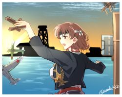 Rule 34 | 10s, 1girl, aircraft, airplane, asakawa (outeq), bad anatomy, blouse, blush, breasts, brown eyes, brown hair, chiyoda (kancolle), cloud, from side, harbor, headband, japanese clothes, kantai collection, large breasts, long sleeves, ocean, open mouth, outdoors, profile, remodel (kantai collection), shirt, short hair, silhouette, sky, solo, sunset, toy airplane, twitter username, water, white shirt