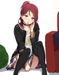 Rule 34 | 1girl, bad id, bad twitter id, bracelet, breasts, brown eyes, candy, casual, choker, cleavage, collarbone, couch, covering privates, covering crotch, food, hair ornament, hairclip, highres, icehotmilktea, jewelry, lollipop, looking at viewer, love live!, love live! school idol festival, love live! sunshine!!, mouth hold, plaid, plaid skirt, ponytail, red hair, sakurauchi riko, sitting, skirt, solo, thighhighs