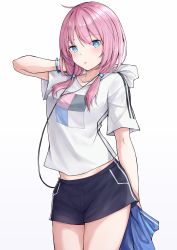 Rule 34 | 1girl, absurdres, alternate costume, arknights, black shorts, blue eyes, blue poison (arknights), blush, casual, commentary request, cowboy shot, gradient background, grey background, highres, hood, hoodie, long hair, looking at viewer, low twintails, mango (mgo), midriff peek, pink hair, short shorts, short sleeves, shorts, solo, standing, thighs, twintails, white background, white hoodie