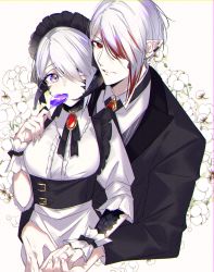 Rule 34 | 1boy, 1girl, absurdres, asymmetrical hair, au ra, black bow, black bowtie, black jacket, black ribbon, bow, bowtie, breasts, brooch, butler, candy, collared shirt, couple, cropped torso, dress, earclip, elezen, elf, eyelashes, facial mark, final fantasy, final fantasy xiv, floral background, food, from above, grey hair, hair over one eye, hetero, highres, holding, holding candy, holding food, holding lollipop, horns, hug, hug from behind, jacket, jewelry, lollipop, long sleeves, looking at viewer, maid, maid headdress, motsuni (lxxe1120), multicolored hair, one eye covered, pointy ears, purple eyes, red eyes, red hair, ribbon, scales, shirt, short hair, sleeves past elbows, streaked hair, upper body, vest, warrior of light (ff14), white dress, white shirt