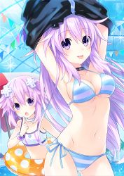 Rule 34 | 2girls, :d, :o, adult neptune, aged up, armpits, arms up, bikini, bracelet, breasts, choker, cleavage, d-pad, dual persona, finger to mouth, groin, hair ornament, highres, innertube, jewelry, long hair, medium breasts, multiple girls, navel, neptune (neptunia), neptune (series), official art, open mouth, purple eyes, purple hair, resized, shin jigen game neptune vii, short hair, side-tie bikini bottom, smile, string bikini, striped bikini, striped clothes, swim ring, swimsuit, tankini, tongue, tongue out, tsunako, underboob, undressing, upscaled, waifu2x, water