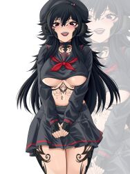 Rule 34 | 1girl, absurdres, au ra, black choker, black hair, black hat, black shirt, black skirt, breasts, choker, commission, cropped shirt, dragon horns, eyebrows hidden by hair, final fantasy, final fantasy xiv, hat, highres, horns, large breasts, leg tattoo, light blush, lipstick, long hair, looking at viewer, makeup, multiple views, navel, own hands together, pleated skirt, red eyes, saiko (saikoart), scales, shirt, simple background, skirt, smile, stomach, stomach tattoo, tattoo, teeth, underboob, upper teeth only, very long hair, warrior of light (ff14), white background