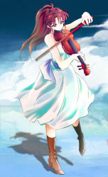 Rule 34 | 1girl, artist request, black hair, blue eyes, dress, han&#039;you no yashahime, highres, holding, holding instrument, holding violin, instrument, inuyasha, multicolored hair, music, playing instrument, red hair, setsuna (inuyasha), smile, two-tone hair, violin, 漫心chocolate