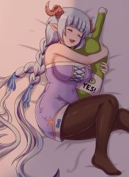 Rule 34 | 1girl, :d, bare shoulders, bed sheet, blue ribbon, blunt bangs, body pillow, bottle, braid, breasts, brown pantyhose, closed eyes, commentary, covered navel, draph, dress, drooling, english commentary, granblue fantasy, hair ribbon, highres, horns, lamretta, large breasts, long hair, nav (itsnav), no shoes, hugging object, open mouth, pantyhose, pillow, pillow hug, pointy ears, purple dress, ribbon, silver hair, sleeping, smile, solo, strapless, strapless dress, twin braids, very long hair