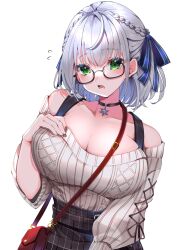 Rule 34 | 1girl, bag, black-framed eyewear, blue ribbon, blush, braid, breasts, french braid, glasses, green eyes, grey hair, hair ribbon, half updo, hand on own chest, handbag, highres, hololive, large breasts, looking at viewer, official alternate costume, open mouth, red bag, ribbed sweater, ribbon, shirogane noel, shirogane noel (casual), short hair, solo, sweater, virtual youtuber, white sweater, yuanagae