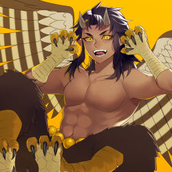 Rule 34 | 1boy, animal feet, animal hands, beads, bird legs, bird wings, brown hair, brown wings, claws, colored sclera, dark-skinned male, dark skin, demon boy, digitigrade, fangs, feathered wings, grey horns, hands up, harpy boy, horns, kimetsu no yaiba, long hair, looking at viewer, male focus, monster boy, narihira hira, no shirt, open mouth, pointy ears, sidelocks, simple background, solo, talons, text in eyes, toned, toned male, urogi (kimetsu no yaiba), veins, wings, yellow background, yellow eyes, yellow sclera