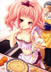 Rule 34 | 00s, 1boy, 1girl, absurdres, anya alstreim, apron, breasts, cleavage, code geass, code geass heroine tribute, collarbone, finger to mouth, food, fruit, highres, icing, jeremiah gottwald, midriff, miyama-zero, navel, orange (fruit), pastry bag, pink hair, red eyes, thighhighs