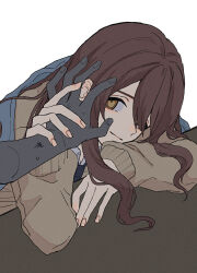 Rule 34 | 1girl, 1other, absurdres, adxrhk, arm rest, brown cardigan, brown hair, cardigan, commentary request, disembodied hand, hair over one eye, hand on hand, highres, idolmaster, idolmaster shiny colors, leaning forward, light smile, long sleeves, looking at viewer, osaki tenka, pov, pov hands, solo focus, sweatdrop