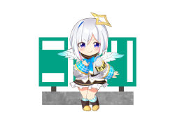 Rule 34 | 1girl, amane kanata, ame., armband, black footwear, black skirt, blue bow, blue eyes, blue hair, blue wings, blush, bob cut, boots, bow, chibi, closed mouth, commentary request, eyes visible through hair, feathered wings, frilled skirt, frills, full body, gradient wings, hair over one eye, halo, highres, hololive, kneehighs, long sleeves, looking at viewer, mini wings, multicolored hair, multicolored wings, plaid, plaid legwear, shirt, silver hair, single hair intake, skirt, sleeves past wrists, smile, socks, solo, standing, star halo, two-tone hair, v-shaped eyebrows, virtual youtuber, white background, white shirt, white wings, wings