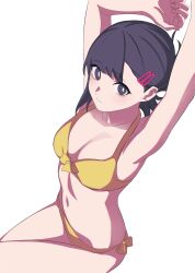 Rule 34 | 1girl, absurdres, arms up, bikini, black eyes, black hair, breasts, chainsaw man, cleavage, closed mouth, comiket 100, commentary request, hair ornament, hairclip, halterneck, higashiyama kobeni, highres, kashiwa (iersansi), looking at viewer, medium breasts, simple background, solo, swimsuit, white background, yellow bikini
