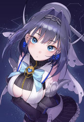 Rule 34 | 1girl, absurdres, bare shoulders, black hair, blue eyes, bow, breasts, chain, cleavage, cleavage cutout, clothing cutout, constellation, crossed arms, ddungddang, detached sleeves, dress, earrings, frilled skirt, frills, gem, hair between eyes, hair intakes, hair ornament, heart, highres, hololive, hololive english, jewelry, large breasts, looking at viewer, medium hair, ouro kronii, ouro kronii (1st costume), skirt, solo, star (sky), striped clothes, striped dress, upper body, virtual youtuber, zipper