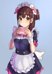 Rule 34 | 1girl, absurdres, akiba maid sensou, animal ears, apron, bow, brown eyes, brown hair, envelope, fake animal ears, grey background, highres, holding, holding letter, kogefumi, letter, long hair, looking at viewer, maid, maid apron, maid headdress, pig ears, pink bow, short sleeves, simple background, solo, standing, wahira nagomi, wrist cuffs
