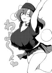 Rule 34 | 1girl, arm behind head, armpits, arms up, blush, breasts, choker, cleavage, covered erect nipples, greyscale, hecatia lapislazuli, highres, himajin noizu, huge breasts, long hair, looking at viewer, microskirt, monochrome, one eye closed, panties, parted bangs, parted lips, skirt, smile, solo, touhou, translation request, underwear
