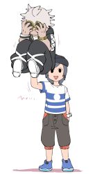 Rule 34 | 2boys, baseball cap, black hat, capri pants, chain, chain necklace, covering face, creatures (company), elio (pokemon), eyewear on head, game freak, gold chain, grey hair, guzma (pokemon), hat, hood, hoodie, jewelry, keriage, lifting person, male focus, multicolored hair, multiple boys, necklace, nintendo, pants, pokemon, pokemon sm, shirt, shoes, short hair, short sleeves, simple background, smile, sneakers, standing, striped clothes, striped shirt, sunglasses, sweatpants, swept bangs, t-shirt, team skull, two-tone hair, watch, white background, z-ring