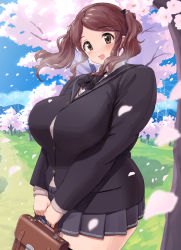 Rule 34 | 1girl, :d, alternate breast size, amagami, bag, black bow, black jacket, blush, bow, bowtie, breasts, brown eyes, brown hair, button gap, cherry blossoms, collared shirt, cowboy shot, day, grey skirt, heroherotom, holding, holding bag, huge breasts, jacket, long hair, long sleeves, looking at viewer, miniskirt, nakata sae, open mouth, outdoors, pleated skirt, plump, school uniform, shirt, sidelocks, skirt, sky, smile, solo, standing, swept bangs, thighs, tree, twintails, white shirt