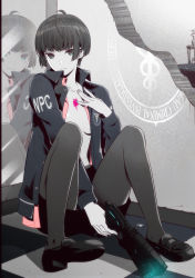 Rule 34 | 10s, 1girl, different reflection, jacket, kuso bba, muted color, no bra, open clothes, pantyhose, pencil skirt, psycho-pass, reflection, short hair, sitting, skirt, solo, tsunemori akane