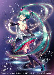 Rule 34 | 1girl, aqua eyes, aqua hair, back tattoo, black footwear, black gloves, boots, caffein, character name, elbow gloves, gloves, hair between eyes, hatsune miku, headphones, high heel boots, high heels, highres, long hair, looking at viewer, looking back, microphone, open mouth, shoulder blades, solo, tattoo, thigh boots, thighhighs, twintails, very long hair, vocaloid