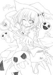 Rule 34 | 1girl, bat (animal), blush, breasts, candy, food, ghost, greyscale, halloween, hat, jack-o&#039;-lantern, kurumi (suien), lineart, looking at viewer, medium breasts, monochrome, one eye closed, open mouth, original, smile, solo, suien, wink, witch hat