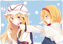 Rule 34 | 2girls, alice margatroid, armband, blonde hair, blue background, blue dress, blue eyes, blush, capelet, cookie, doll, dress, eating, embarrassed, faech, food, headband, heart, highres, holding, long sleeves, looking to the side, multiple girls, outstretched arm, parted lips, puffy short sleeves, puffy sleeves, purple eyes, ribbon, shanghai doll, short sleeves, simple background, speech bubble, spoken heart, sweets, tabard, teeth, touhou, upper body, white dress, yakumo yukari
