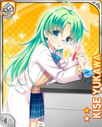 Rule 34 | 1girl, :o, blue bow, blue eyes, blue jacket, bow, card (medium), character name, desk, girlfriend (kari), glasses, green hair, jacket, lab coat, laboratory, leaning, leaning forward, long hair, looking at viewer, official art, on desk, open mouth, plaid, plaid skirt, qp:flapper, school uniform, skirt, solo, standing, tagme, test tube, vest, yellow background, yukawa kise