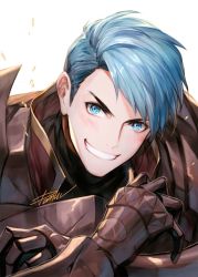 Rule 34 | 1boy, armor, blue eyes, blue hair, blush, breastplate, caspar von bergliez, danhu, fire emblem, fire emblem: three houses, gauntlets, grin, looking at viewer, male focus, nintendo, red armor, short hair, signature, simple background, smile, solo, upper body, v-shaped eyebrows, white background