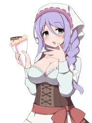 Rule 34 | blue eyes, braid, breasts, cleavage, crepe, dress, eating, fizz (pixiv34498626), food, food on face, hair between eyes, highres, large breasts, long hair, long sleeves, looking at viewer, official alternate costume, open mouth, princess connect!, purple hair, shizuru (princess connect!), simple background, solo, white background, white headwear