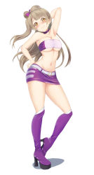 Rule 34 | 1girl, absurdres, bandeau, blush, boots, breasts, brown eyes, brown hair, cleavage, commission, full body, groin, head tilt, high heel boots, high heels, highres, knee boots, large breasts, long hair, looking at viewer, love live!, love live! school idol project, minami kotori, miniskirt, navel, nose blush, ofuchobetto shirai, one side up, purple footwear, purple legwear, purple skirt, race queen, simple background, skeb commission, skirt, smile, solo, standing, strapless, tube top, underboob, white background