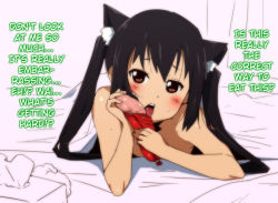 Rule 34 | animal ears, bed sheet, black hair, blush, cat ears, food, ganto, hard-translated, k-on!, long hair, lying, nakano azusa, nude, sausage, sexually suggestive, third-party edit, translated, twintails