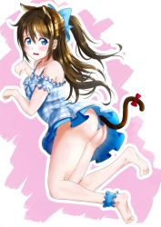 Rule 34 | 1girl, animal ears, aqua bow, aqua eyes, arm garter, arm ribbon, artist name, artist request, bare legs, bare shoulders, barefoot, bikini, bikini skirt, blue bow, blue eyes, blush, bow, bracelet, breasts, brown hair, checkered bow, checkered clothes, checkered swimsuit, cleavage, collarbone, cross-laced clothes, cross-laced one-piece swimsuit, dress, dress swimsuit, feet, female focus, floating hair, frilled swimsuit, frills, full body, hair between eyes, hair bow, half updo, high ponytail, highres, jewelry, long hair, looking at viewer, love live!, love live! nijigasaki high school idol club, love live! school idol festival, one-piece swimsuit, osaka shizuku, parted lips, paw pose, pearl bracelet, plaid, plaid dress, pleated, pleated dress, ponytail, ribbon, small breasts, smile, solo, swimsuit, wavy hair, white background, white ribbon, worried