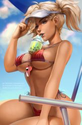 Rule 34 | 1girl, adjusting clothes, adjusting headwear, baywatch, between breasts, bikini, blue eyes, blue sky, breasts, bubble tea, bubble tea challenge, cloud, cloudy sky, covered navel, cup, day, disposable cup, drinking straw, eyelashes, eyeliner, fingernails, hair over one eye, highres, large breasts, lifeguard, long fingernails, looking at viewer, makeup, mavoly, meme, mercy (overwatch), mismatched eyebrows, navel, nose, overwatch, overwatch 1, pink lips, platinum blonde hair, red bikini, short ponytail, side-tie bikini bottom, sitting, sky, solo, spaghetti strap, strap gap, summer, swimsuit, tan, thick eyebrows, underboob, visor cap, watermark, web address, whistle, whistle around neck