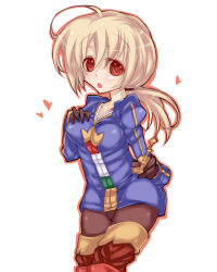 Rule 34 | 1girl, blonde hair, female focus, final fantasy, final fantasy tactics, gender request, genderswap, gloves, long hair, nanaya, open mouth, pants, ponytail, ramza beoulve, red eyes, simple background, solo, white background