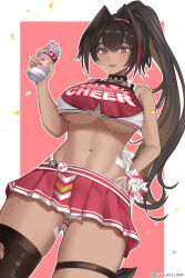 Rule 34 | 1girl, :d, absurdres, ahoge, bay (nikke), black eyes, black hair, black thighhighs, blonde hair, blush, breasts, brulee, cheerleader, collar, colored inner hair, crop top, dark-skinned female, dark skin, facial tattoo, fang, gluteal fold, goddess of victory: nikke, hair intakes, hairband, highres, holding, large breasts, long hair, mole, mole on leg, mole on stomach, mole under mouth, multicolored eyes, multicolored hair, open mouth, panties, pantyshot, pom pom (cheerleading), ponytail, red hair, red pupils, red shirt, red skirt, shirt, side-tie panties, single thighhigh, skirt, smile, solo, spiked collar, spikes, star-shaped pupils, star (symbol), star tattoo, streaked hair, sweat, symbol-shaped pupils, tattoo, thigh strap, thighhighs, thong, torn clothes, torn thighhighs, underboob, underwear, whale tail (clothing), white panties