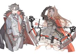 Rule 34 | 1boy, 1girl, animal ears, archetto (arknights), arknights, black dress, blonde hair, blue eyes, bow (weapon), breasts, brown hair, cape, character request, circlet, compound bow, cowboy shot, cropped legs, dress, epaulettes, extra ears, fur-trimmed jacket, fur trim, gloves, grey gloves, grey pants, grey vest, hair between eyes, hand up, heterochromia, holding, holding bow (weapon), holding weapon, jacket, jacket on shoulders, lion ears, lion girl, lion tail, long hair, long sleeves, necktie, pants, partially fingerless gloves, red cape, red eyes, red necktie, salmonntan, short hair, simple background, small breasts, tail, vest, weapon, white background