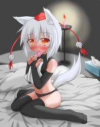 Rule 34 | 1girl, animal ears, bad id, bad pixiv id, bed, black panties, black thighhighs, blush, bow, bow panties, candle, condom, condom in mouth, condom wrapper, crop top, fingerless gloves, fire, fire, full body, gloves, halterneck, halterneck, hat, inubashiri momiji, light, looking at viewer, mouth hold, oden (th-inaba), on bed, orange eyes, panties, petite, pillow, short hair, silver hair, sitting, sleeveless, sleeveless turtleneck, solo, tail, thighhighs, tokin hat, touhou, turtleneck, underwear, underwear only, wariza, wax, wolf tail