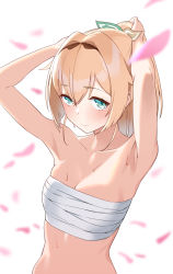 Rule 34 | 1girl, absurdres, armpits, bandages, bandeau, bare arms, bare shoulders, blonde hair, blue eyes, blush, breasts, chest sarashi, cleavage, collarbone, gom (kooskoo), hair intakes, hair ribbon, highres, hololive, kazama iroha, midriff, petals, ponytail, ribbon, sarashi, simple background, small breasts, solo, stomach, strapless, sweat, tube top, upper body, virtual youtuber, white background