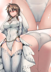 Rule 34 | 1girl, alternate costume, arms behind back, ass, blush, braid, breasts, bridal veil, brown hair, chung cthemax, closed mouth, covered erect nipples, covered navel, dress, french braid, girls&#039; frontline, green eyes, hair between eyes, highres, korean commentary, large breasts, lee-enfield (girls&#039; frontline), leotard, long hair, multiple views, pussy, thighhighs, thighs, veil, wedding dress