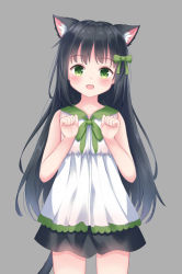 Rule 34 | absurdres, animal ear fluff, animal ears, black hair, blush, bow, cat ears, cat girl, cat tail, cowboy shot, dress, fang, flat chest, green bow, green eyes, green ribbon, grey background, hair bow, hands up, highres, koucha (edo krisna 5), long hair, looking at viewer, open mouth, original, paw pose, ribbon, simple background, sleeveless, sleeveless dress, smile, solo, standing, tail, white dress