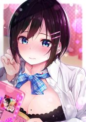 Rule 34 | 1girl, bad id, bad twitter id, black bra, blue eyes, blush, bow, bowtie, bra, breasts, brown hair, buttons, cellphone, cleavage, closed mouth, collarbone, collared shirt, commentary request, dress shirt, eyelashes, fingernails, hair ornament, hairclip, hand to head, hand up, heart, highres, holding, holding phone, lace, lace bra, large breasts, lens flare, long fingernails, long sleeves, looking at viewer, mole, mole on breast, nail polish, nose blush, open clothes, open shirt, original, phone, pink nails, plaid, plaid bow, plaid bowtie, plaid neckwear, rouka (akatyann), shirt, short hair, solo, underwear, upper body, white shirt, wing collar