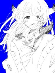 Rule 34 | 1girl, ariyoyo, blue background, blush, cardigan partially removed, floating hair, greyscale, hair over face, horns, isei ni ikou ne (cevio), light smile, long sleeves, looking at viewer, messy hair, monochrome, neckerchief, open mouth, sailor collar, school uniform, serafuku, sketch, solo, spot color, swept bangs, tareme, upper body, wind, wind lift