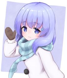 Rule 34 | 1girl, absurdres, arm at side, arm up, blue background, blue eyes, blue hair, blue scarf, blush, border, brown gloves, child, closed mouth, coat, female focus, flat chest, from side, gloves, hair ornament, happy, highres, long hair, long sleeves, looking at viewer, mittens, nijisanji, outside border, pom pom (clothes), scarf, sidelocks, simple background, smile, snowflake hair ornament, solo, striped clothes, striped scarf, upper body, urabe miyabi, virtual youtuber, waving, white border, white coat, winter clothes, yuuki chihiro, yuuki chihiro (6th costume)