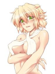 Rule 34 | 1girl, bad id, bad pixiv id, blonde hair, blush, breasts, criss-cross halter, female focus, fingernails, green eyes, halterneck, large breasts, long fingernails, mizuhashi parsee, naked scarf, no pupils, nose blush, nude, ootsuki wataru, open mouth, pointy ears, scarf, sharp fingernails, short hair, simple background, solo, touhou, upper body, white background