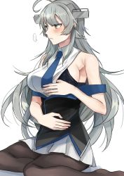 Rule 34 | ..., 1girl, absurdres, ahoge, bare shoulders, black bra, black pantyhose, blue necktie, blush, bra, breasts, brown eyes, closed mouth, clothes pull, headgear, highres, kantai collection, large breasts, long hair, necktie, pantyhose, pleated skirt, pulling own clothes, shirt pull, simple background, sitting, skirt, solo, spoken ellipsis, sweat, toriniku senshi chikinman, underwear, washington (kancolle), white background, white skirt