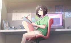 Rule 34 | 1girl, brown hair, chair, colorful palette, feet on chair, from below, highres, indoors, negai wa itsuka asa wo koete (project sekai), office chair, official art, project sekai, shinonome ena, solo, split mouth, swivel chair