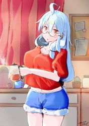 Rule 34 | 1girl, absurdres, alternate breast size, alternate hairstyle, antenna hair, bespectacled, blue shorts, blush, breasts, cup, gangut (kancolle), glasses, hair between eyes, hair ornament, hairclip, highres, kantai collection, kettle, komb, large breasts, long hair, looking at viewer, open mouth, red eyes, red shirt, rimless eyewear, scar, scar on face, shirt, short shorts, shorts, side ponytail, silver hair, solo