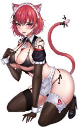 Rule 34 | 1girl, animal ears, apron, between breasts, bikini, black thighhighs, blush, breasts, cat ears, cat tail, earrings, elbow gloves, extra ears, fangs, garter straps, gloves, hair between eyes, high heels, highres, janghwa (last origin), jewelry, jungtong, last origin, looking at viewer, maid, maid bikini, maid headdress, mole, mole under eye, necktie, necktie between breasts, open mouth, purple eyes, red hair, ribbon, short hair, side-tie bikini bottom, simple background, solo, swimsuit, tail, tail ornament, tail ribbon, thighhighs, unconventional maid, waist apron, white background, wrist cuffs